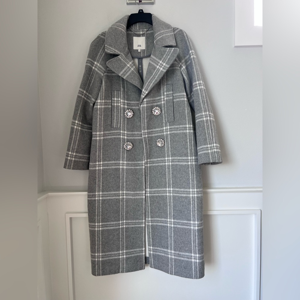 River Island Gray Plaid Double-Breasted Trench Coat
